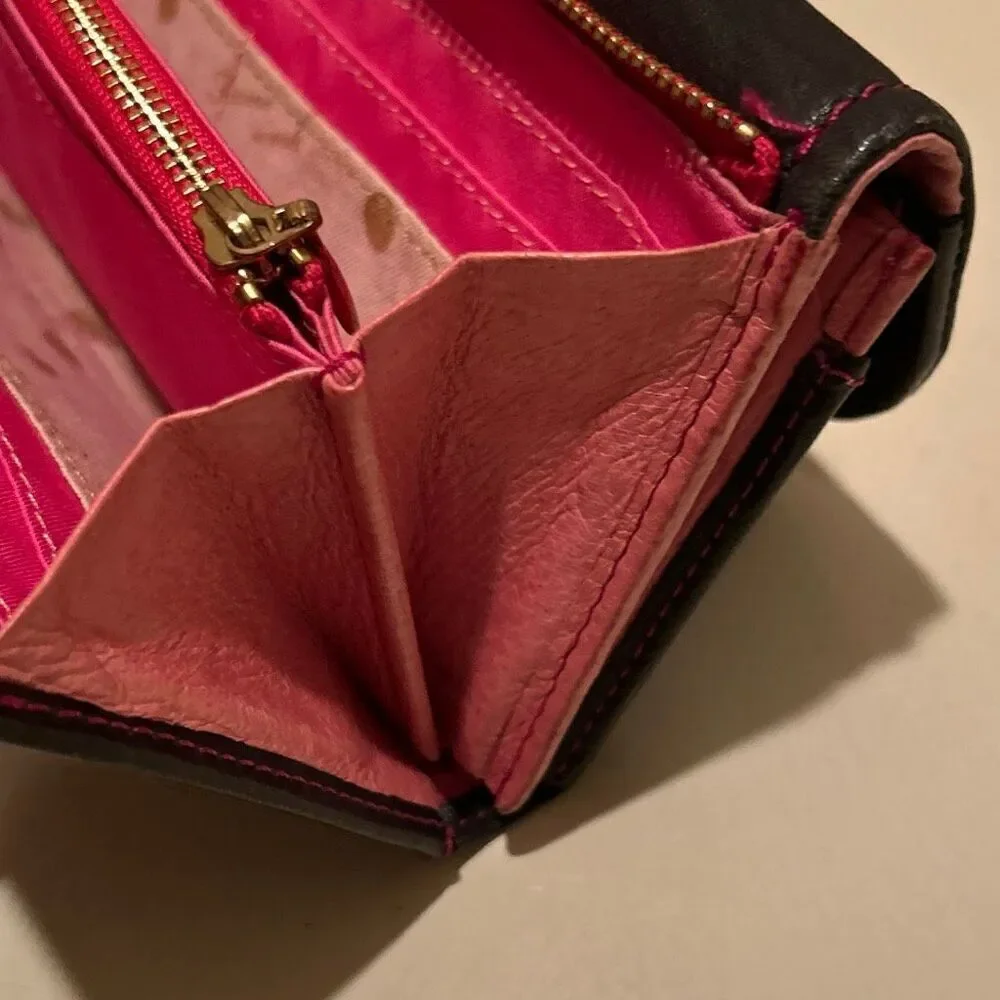 Frame Work Black Leather Long Wallet Hot Pink Contrast Stitch Accent Y2K Style